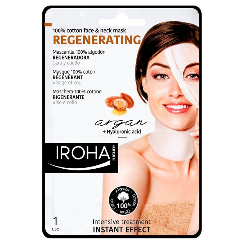 Iroha Nature 100% Cotton Face & Neck Mask with Regenerating Argan Oil & Hyaluronic Acid, Single