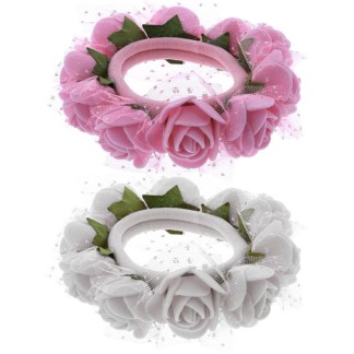 Bridal Hair Elastics, White & Pink Flowers, 6/Pack
