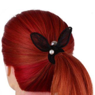 Hair Elastics with Ears & Pearls, Black, 6/Pack