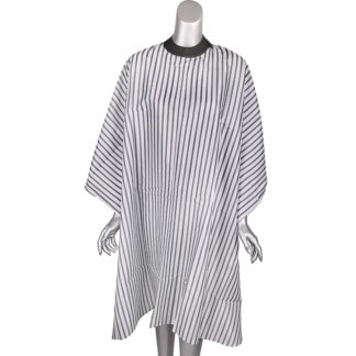Barber Cape White & Black Stripes with Silicone Collar, Hook & Loop