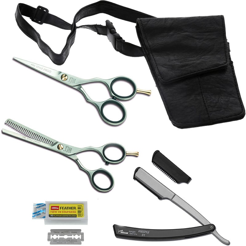 Jaguar Pre Style Ergo Satin Classic School Set: Scissor, Thinner, Razor, Blades & Case