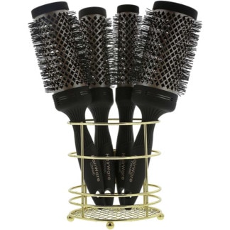 Hairware Ceramic Gold Barrel Non-Slip Handle Brush Display: 4 Brushes & Basket
