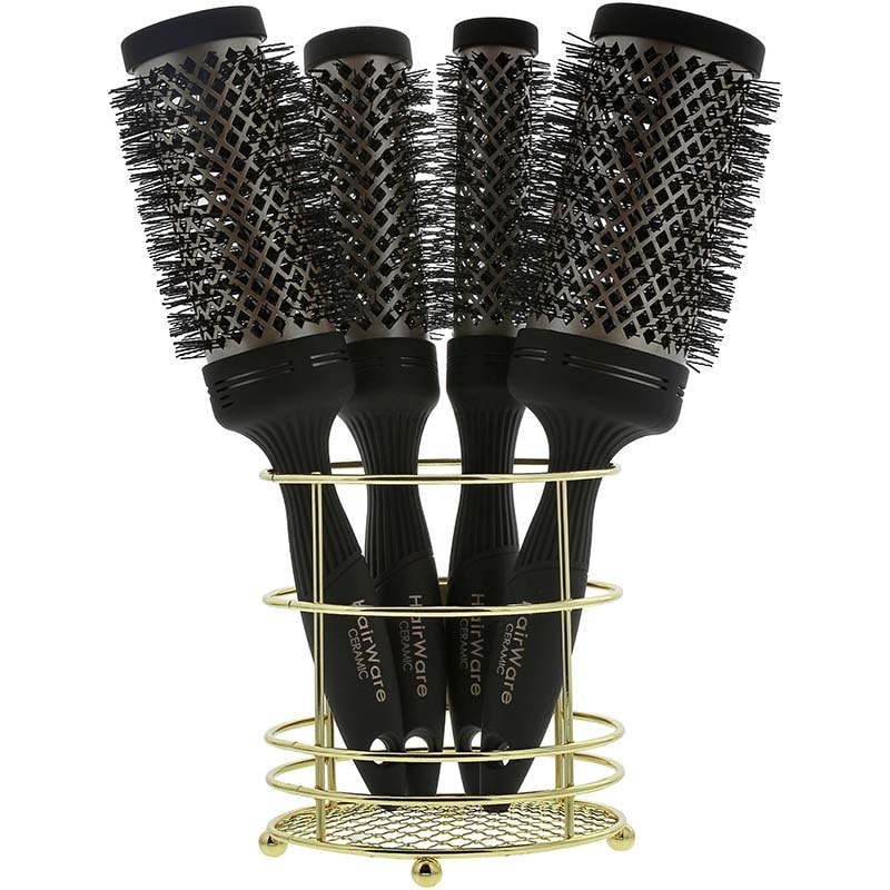 Hairware Ceramic Gold Barrel Non-Slip Handle Brush Display: 4 Brushes & Basket