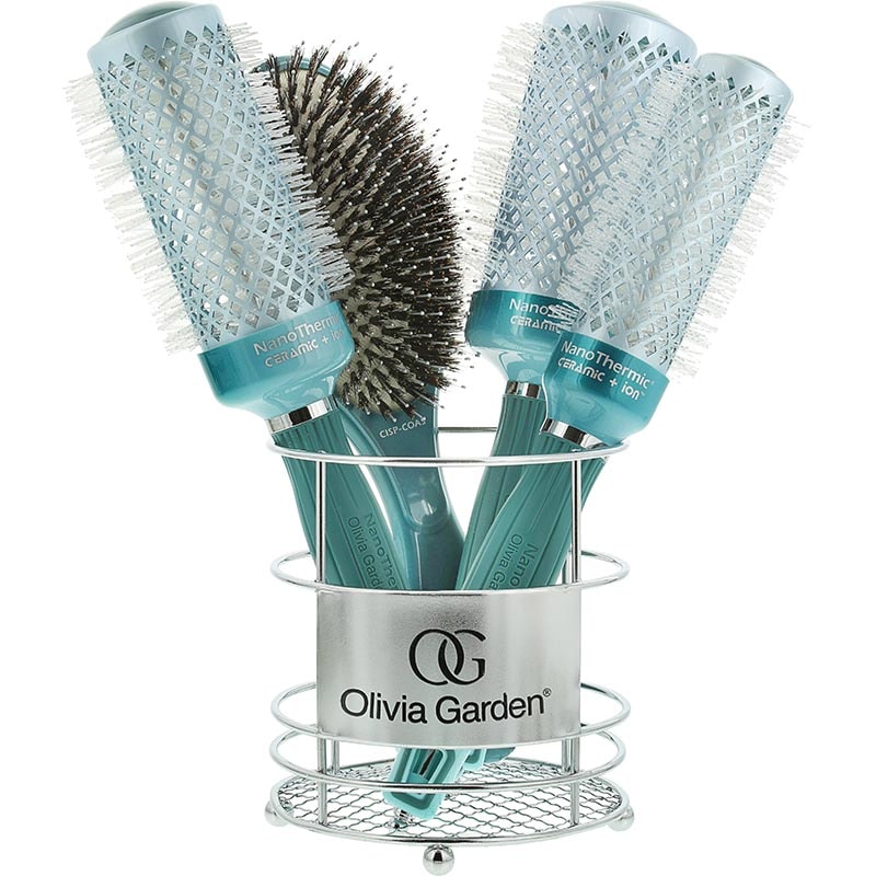 Olivia Garden NanoThermic Ceramic + Ion Oasis Brush Display: 4 Brushes & Basket