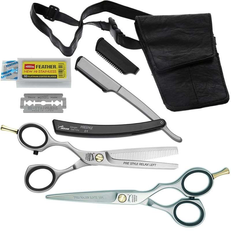 Jaguar Left-Handed Pre Style Relax Satin Offset School Set: Scissor, Thinner, Razor, Blades & Pouch