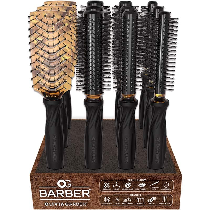 Olivia Garden OG Barber Brush Display: 12 Brushes & Stand