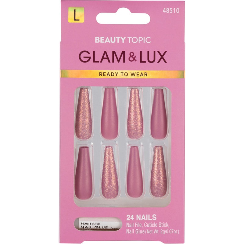 Beauty Topic Glam & Lux Long Coffin Dusty Rose & Glitter Nail Set, 24/Pack