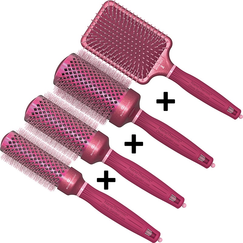 Olivia Garden NanoThermic Ceramic + Ion Breast Cancer Awareness Dark & Light Pink Glitter Brush Set: 4 Brushes