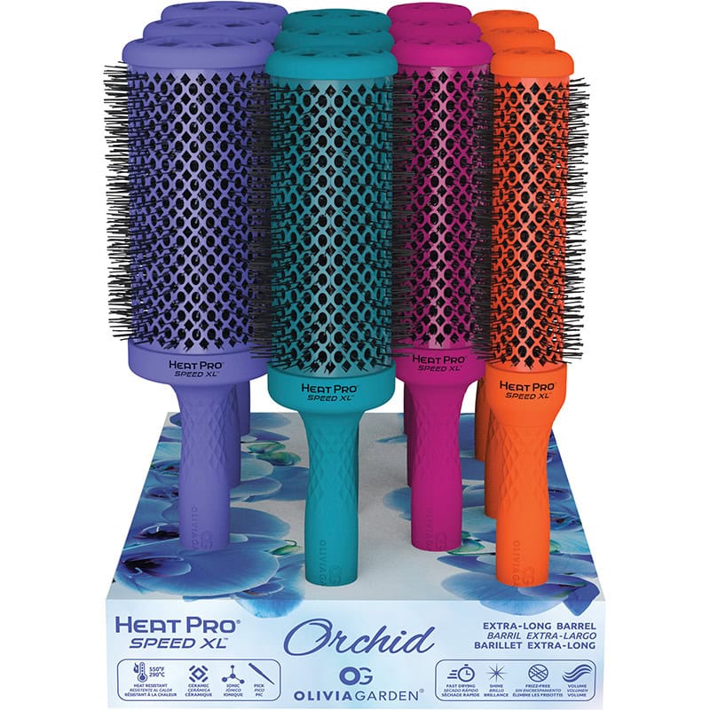 Olivia Garden HeatPro Ceramic + Ion Orchid Speed XL Long Barrel Brush Display: 12 Brushes & Stand